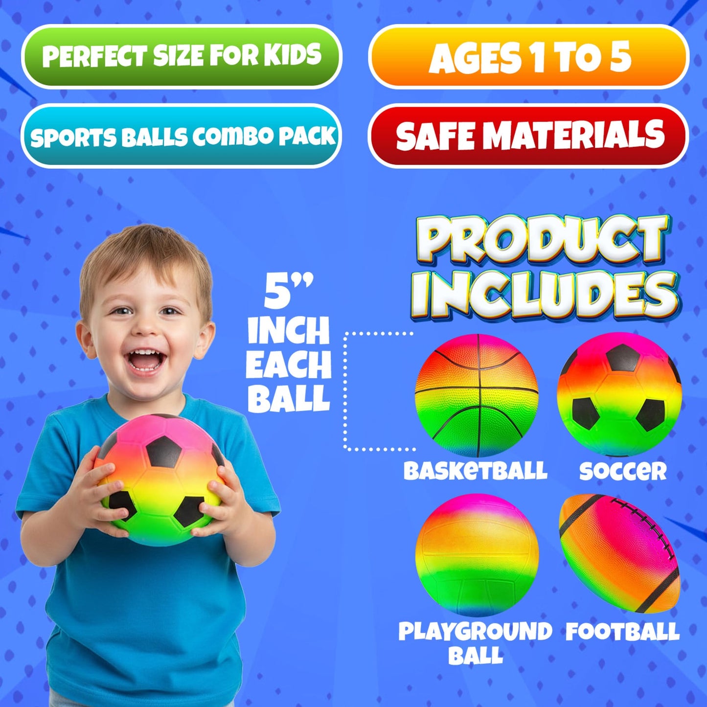 PlayBolt Sports Ball Set (4 Pack) - 5-Inch Rainbow Mini Basketball, Soccer, Football & Playground Balls w/Hand Pump - Fun Indoor Outdoor Toys for Toddlers, Little Kids, Preschoolers & Early Play