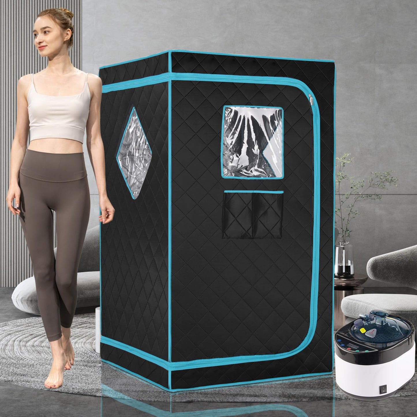 iDOTODO Full Size Portable Steam Saunas for Home Spa, Full Body Sauna Tent for Relaxation, 1500W & 4L Sauna Steamer Machine, Remote Control, Foldable Chair (Black)
