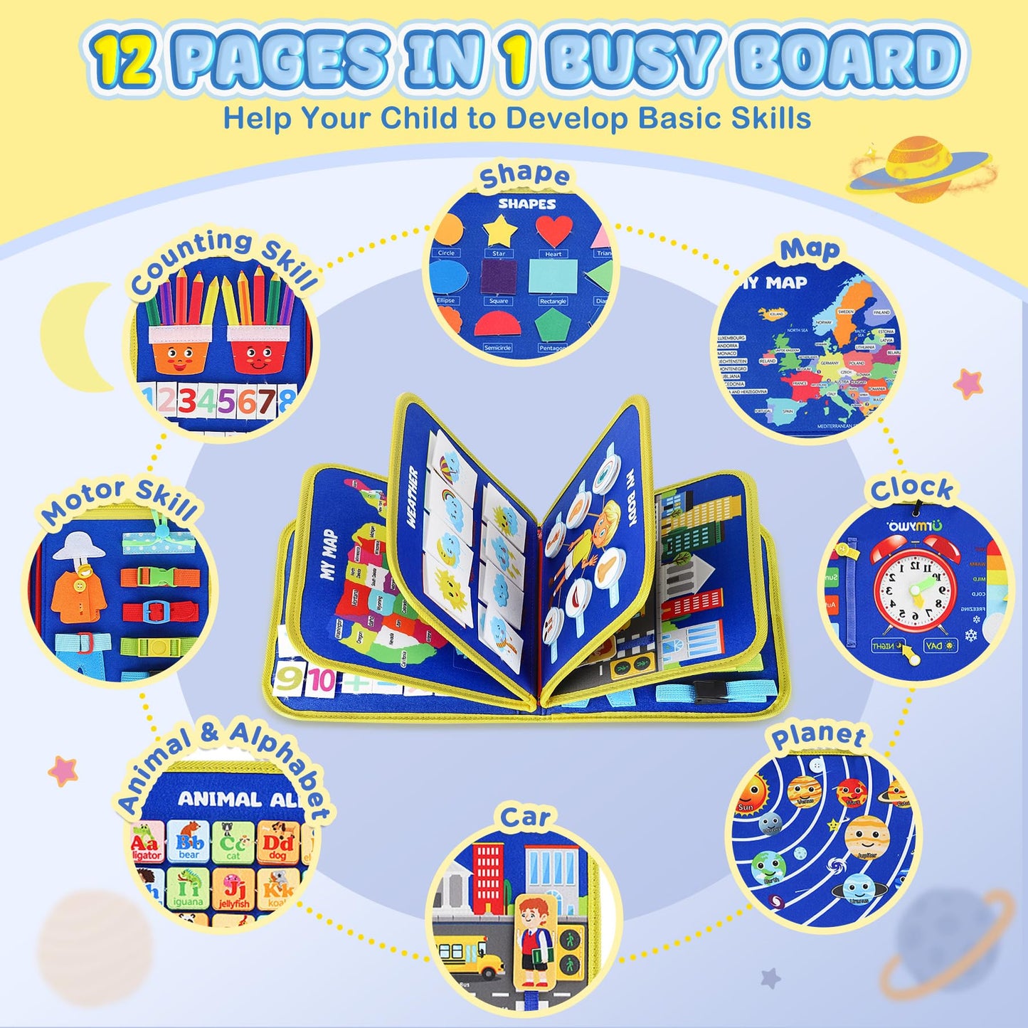URMYWO Busy Board - Montessori Toys for 1 2 3 4 Year Old, Busy Book Toddler Activities with Fine Motor Skills, Autism Sensory Toys Gifts for Boys Girls, Travel Toys for Road Trip Plane Car