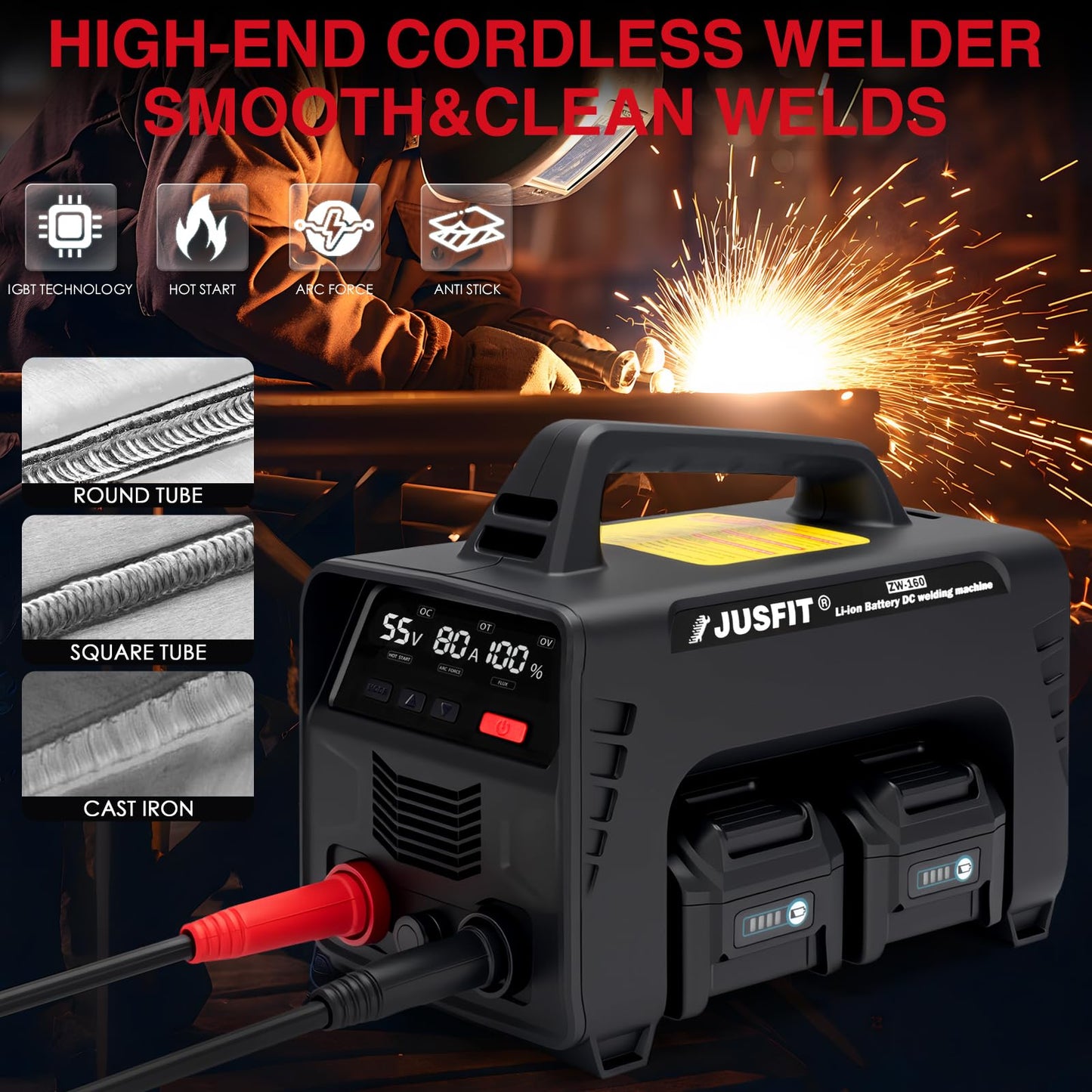 JUSFIT Cordless Welding Machine - MMA Stick Welder 160A, IGBT Inverter with 4x 8000mAh Batteries, LED Display, Hot Start, Portable for Industrial, Metal Fabrication, DIY