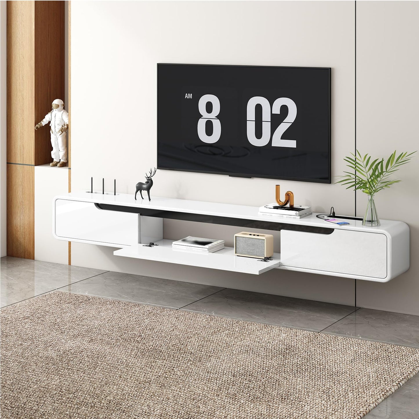 Fully Assembled 71inch High Gloss Floating TV Stand No Assembly with Fast Charging USB Wall Mounted TV Cabinet Piano Lacquer TV Cabinet with 3 Doors Easy To Clean For Living Room Bedroom (White)