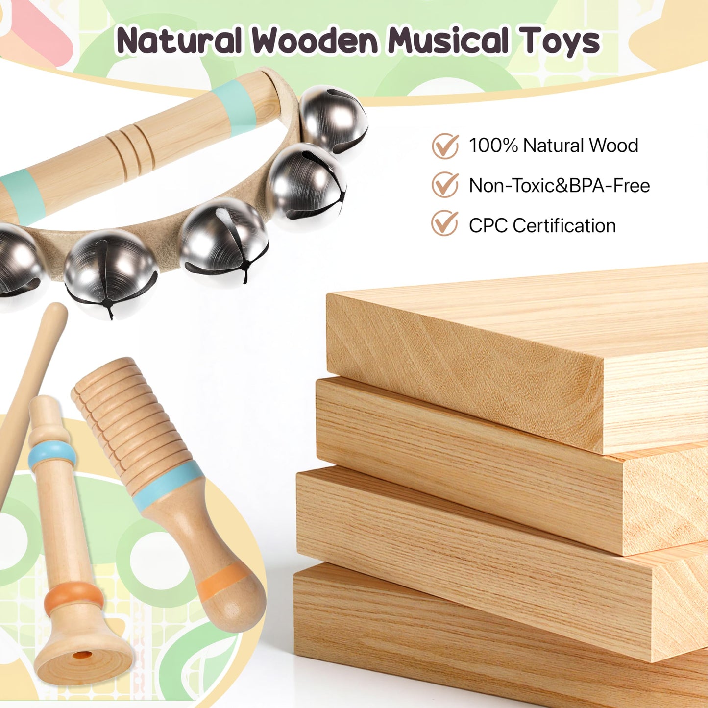 Wooden Musical Instruments for Toddlers 1-3, Montessori Percussion Set with Xylophone, Natural Music Education Toys for Baby 12-18 Months