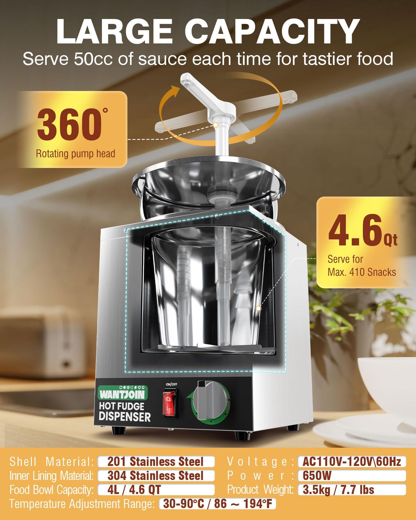 WantJoin 4.6Qt Nacho Cheese Dispenser with Pump - Nacho Cheese Warmer,Stainless Steel Hot Fudge Warmer W/5-Level Temperature Adjustment,Hot Fudge Dispenser for Hot Fudge Cheese Caramel