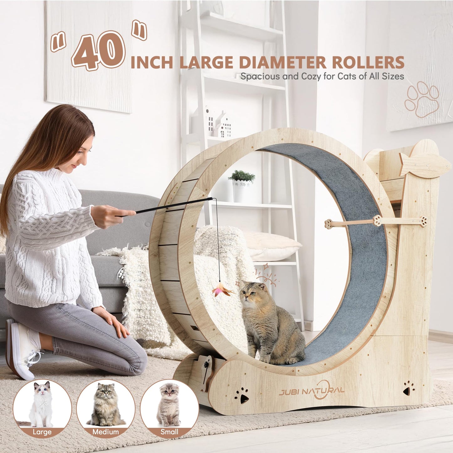 Cat Exercise Wheel, 43" Cat Running Wheels for Indoor Cats with with Locking Mechanism, Cats Treadmill Wheels with Scratching Board and Teaser Toy, Cat's Weight Loss and Health