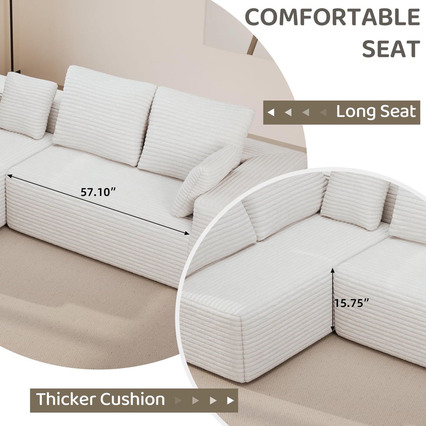 WJShome 104” Modular Sectional Cloud Couch, Boneless Sofa with Deep Seat, Comfy Fluffy Couch with L-Shaped Chaise, No Assembly Required, Right-Facing Chaise, Beige