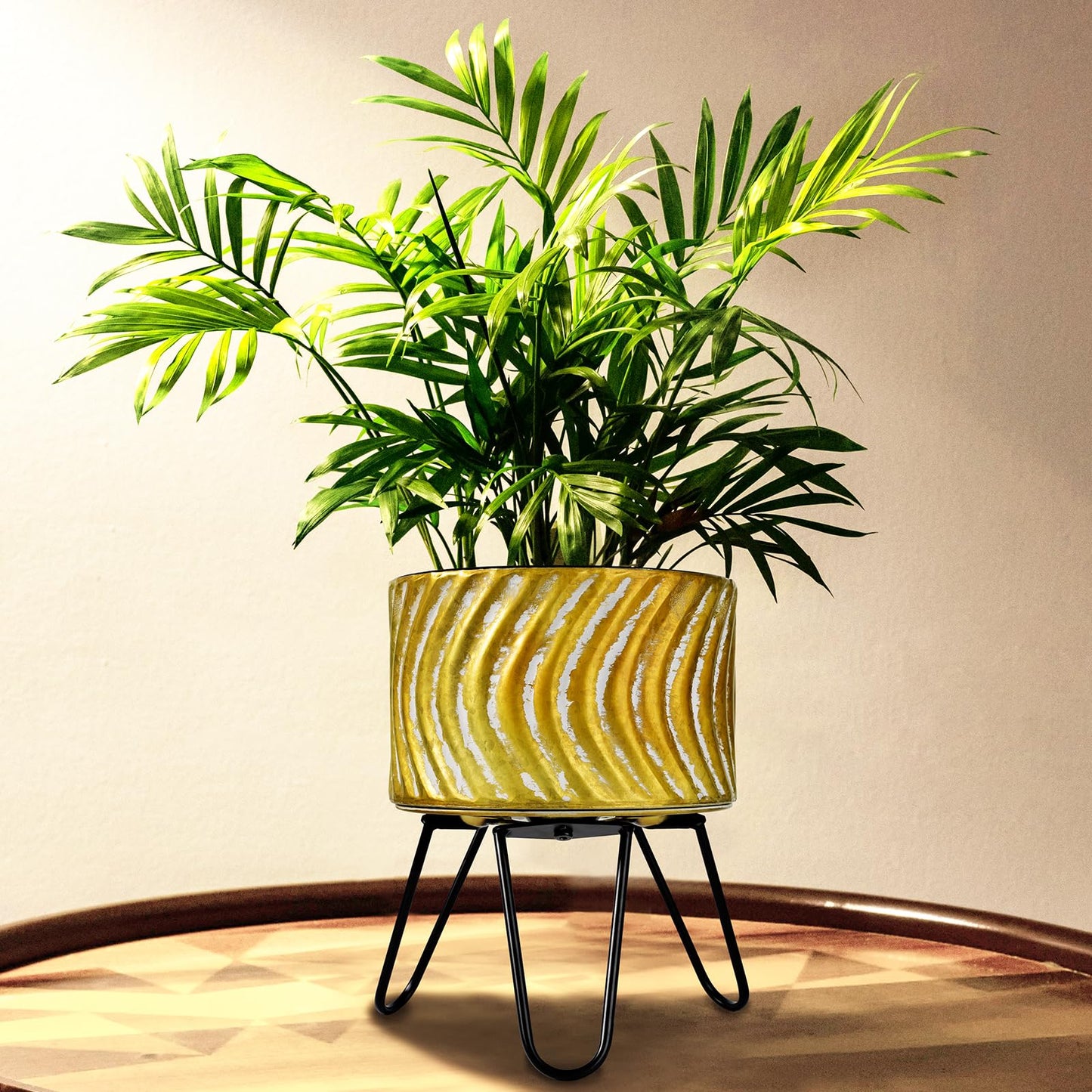 Harvest Land Plant Pots with Stand, Set of 2 Large Modern Planters Metal Tall Handmade Flower Pots with Drainage Holes Indoor Outdoor,Gold