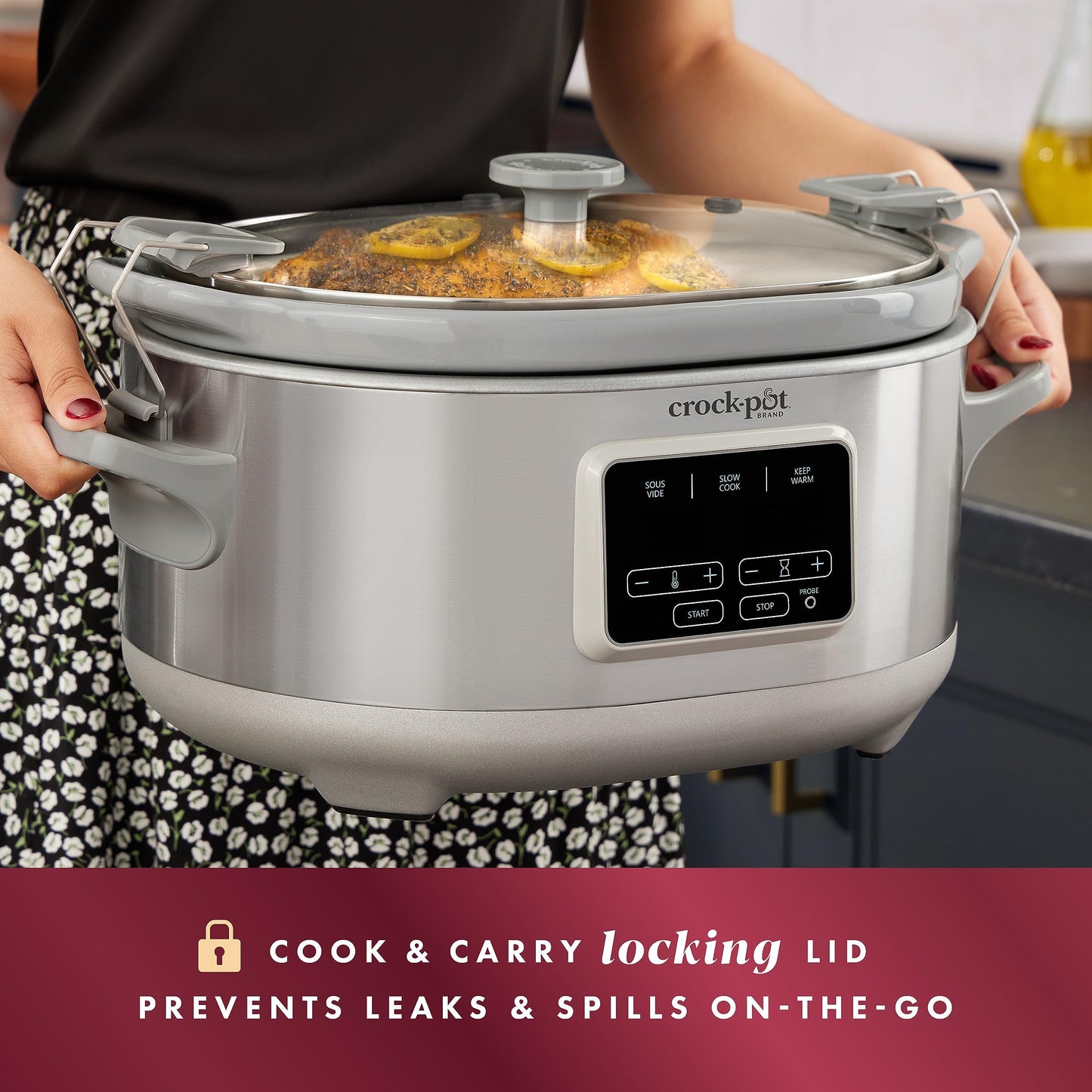 Crock-Pot 7-Quart Cook & Carry Slow Cooker with Sous Vide Function, Family-Sized Slow Cooker Warms up to 30 Hours, Modern Digital Display, Travel-Proof Locking Lid & Removable Temperature Probe