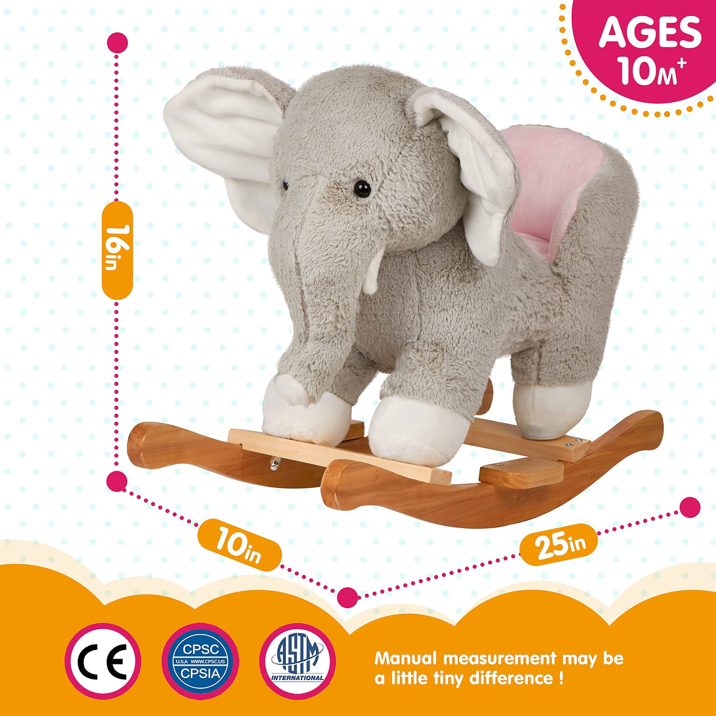 Elephant Baby Rocking Horse Wooden Rockers with Base Seat Safety Belt and 1 Pcs Elephant Plush Stuffed Animals Toy for Toddlers 1-3