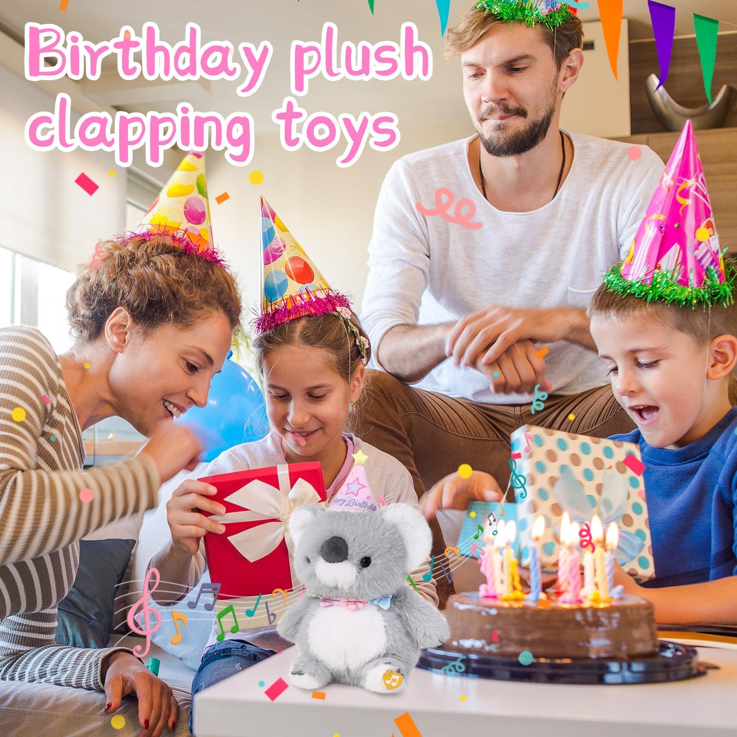 LLUKEME Birthday Koala Plush Baby Toys, Clap Activated with Voice Recording, Singing Dancing Interactive Stuffed Animal, Easter Gift for Toddlers, Birthday Party Decor