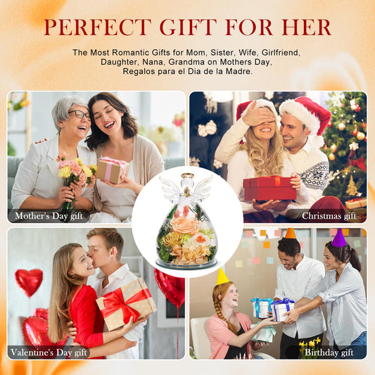 Gifts for Mom Mothers Day Birthday Gifts for Women Preserved Rose Forever Flower in Glass Angel Figurines Fresh Flowers for Delivery Anniversary Real Colorful Roses for Grandma Her Wife from Daughter