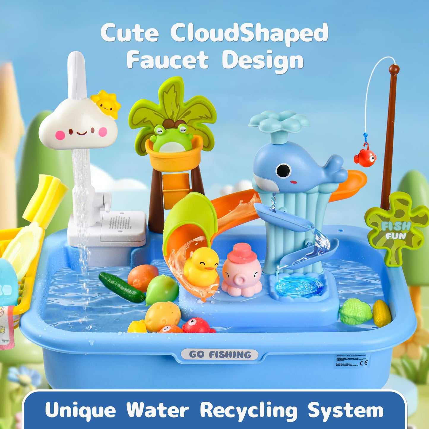 Hanyutom 2026 Upgraded Toddler Sand Water Table Toy with Electric Water Pump, Kids Sand Water with Faucet/Play Food Accessories/Fishing Toy, Kitchen Play Sink Toys for Girl Boy Age 3+ (Blue)