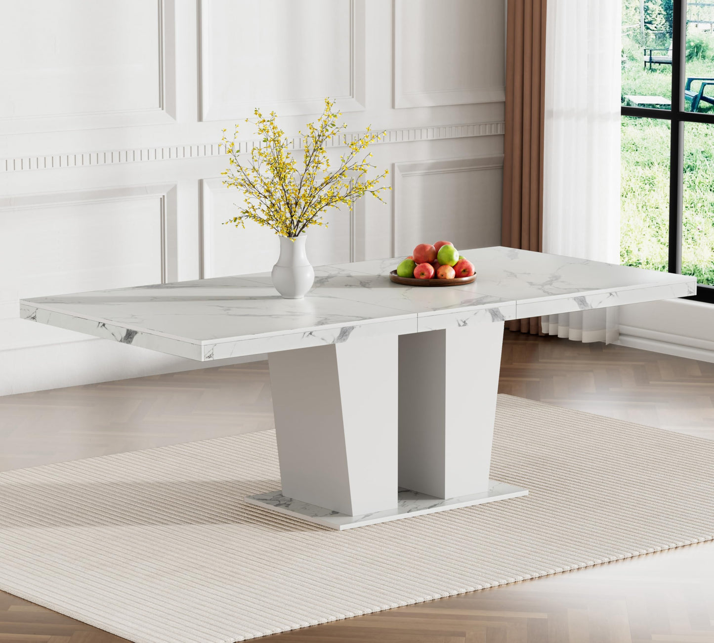 HomVent White Faux Marble Expandable Dining Table Set for 6, 63"-79" Extendable Dining Room Table Set with Velvet Nailhead Trim Chairs, Kitchen Table Chairs Set for Living Room