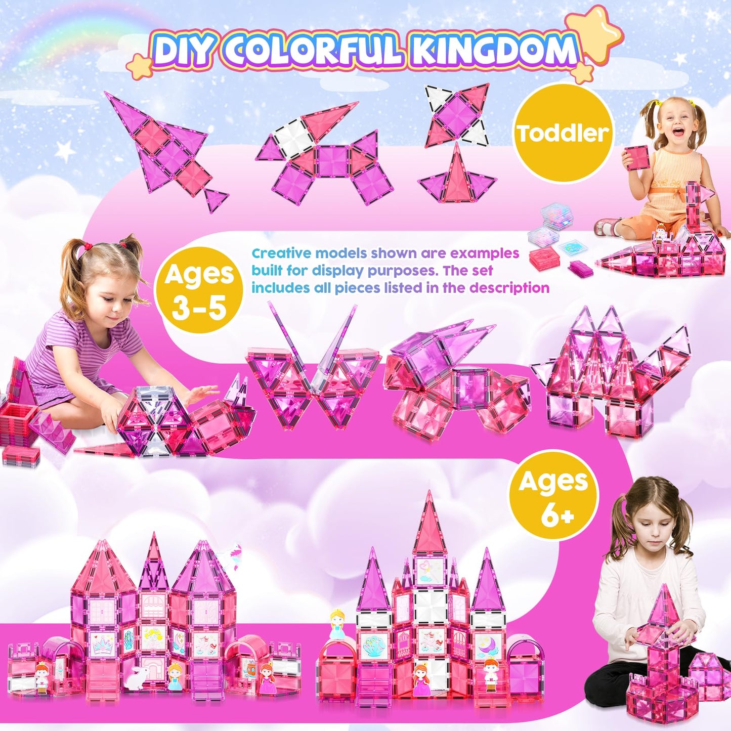 W WISE BLOCK 101PCS Magnetic Blocks Set Including Cars and Accessories, Princess Magnet Building Tiles Sets, Castle Magnet Blocks STEM Toys for Girls Kids Ages 3 4 5 6 7 8 9+ Year Old