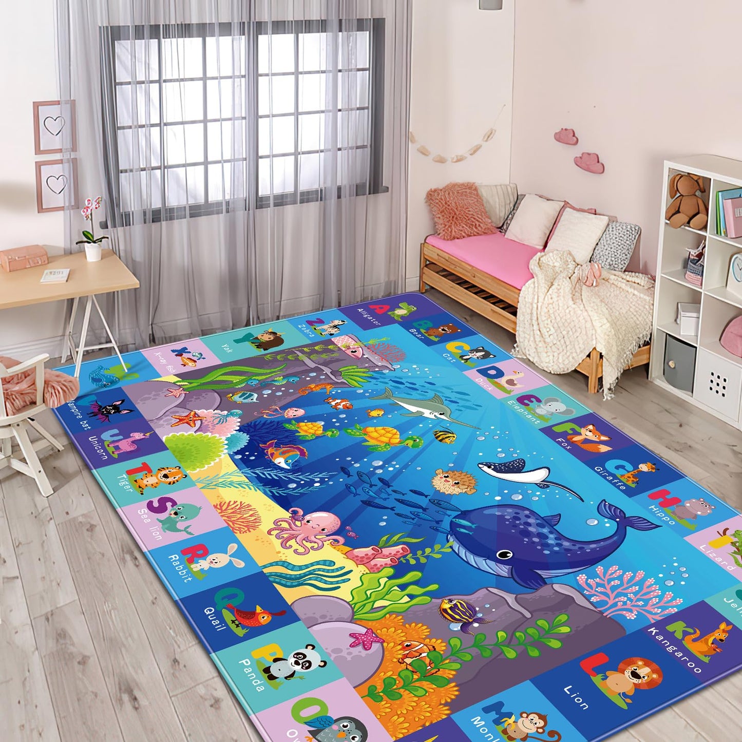 LTKOUGFAM Baby Mat for Floor-Underwater World Play Rug, ABC Kids Rugs for Playroom, Ocean Playmat Crawling Tummy Time Mat, Non-Toxic Non-Slip Foldable Mats (59X39.4 INCH)