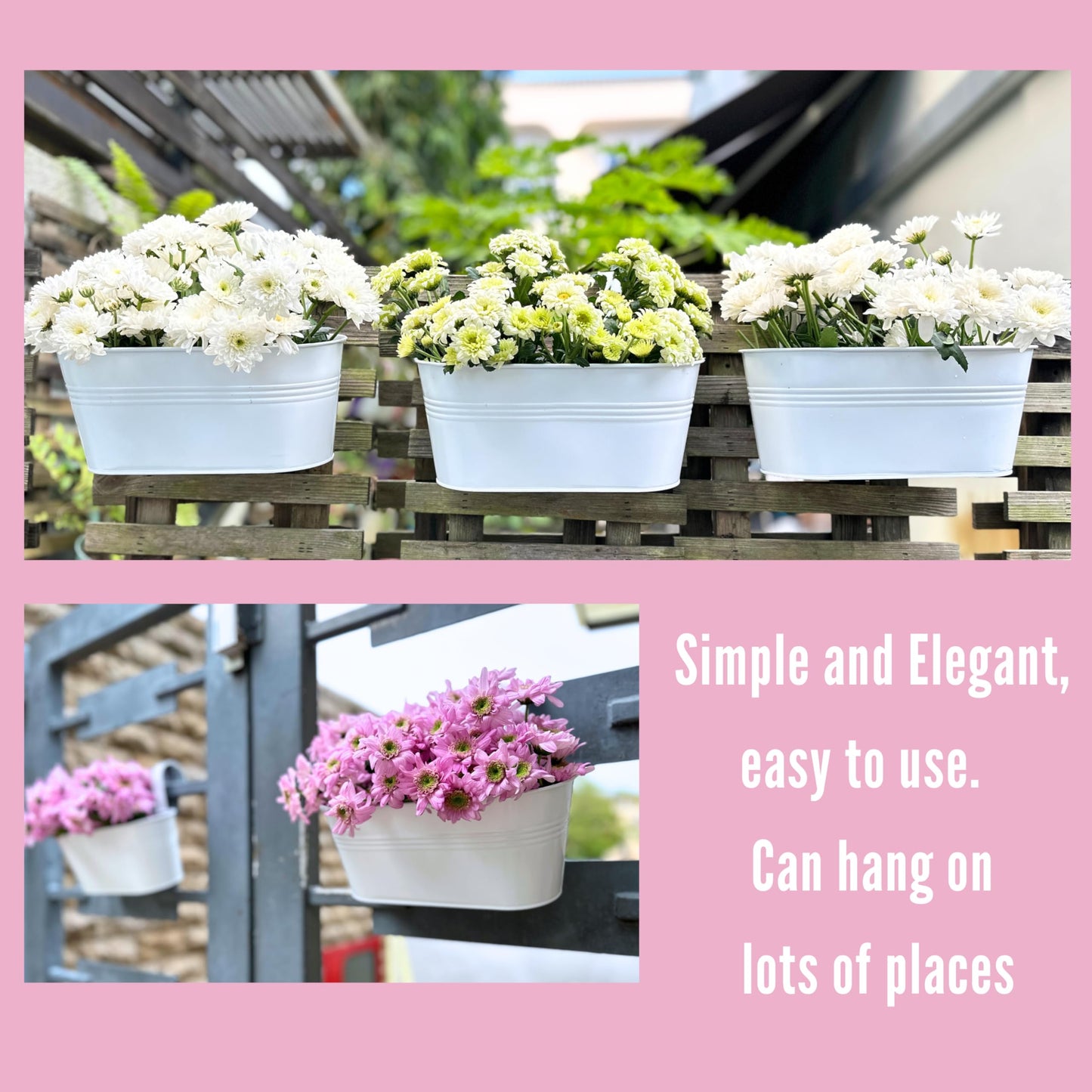 LaLaGreen Outdoor Rail Planter (8 Pack, 9.8 Inch) Small and Cute White Metal Iron Hanging Flower Pots Deck Railings Fence Buckets Countryside Style Wall Mount Window Box Plant Holder Hooks Porch Decor