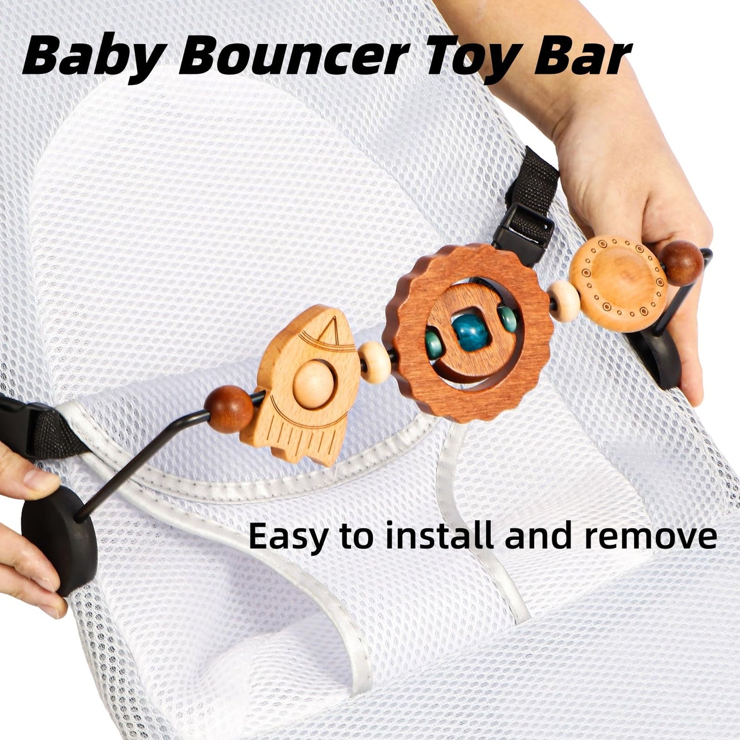 WYFWFDF Baby Bouncer Toy Bar Compatible with Baby Bjorn Bouncer， with Wooden Toys in Flying Saucer, Spaceship, and Planet Shapes to Stimulate Baby's Curiosity and Desire to Explore