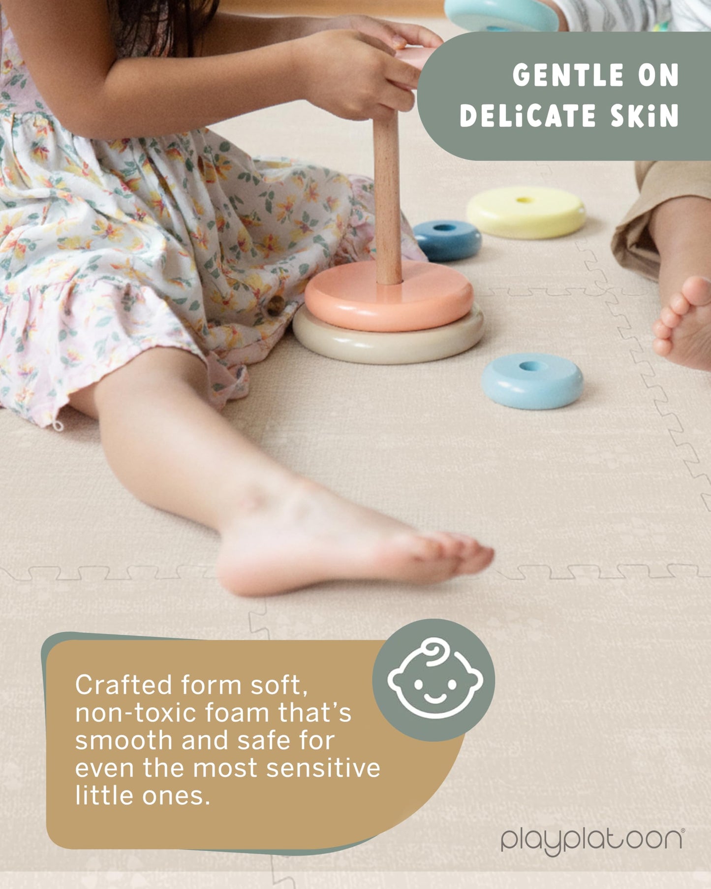 Play Platoon Non-Toxic Large Baby Play Mat for Floor 16 Tile 96 x 96 inch - Extra-Thick Interlocking Foam Floor Tiles 24 x 24 in Puzzle Mat Pieces with Border, Playmat Rug for Kids - Brushed Cotton