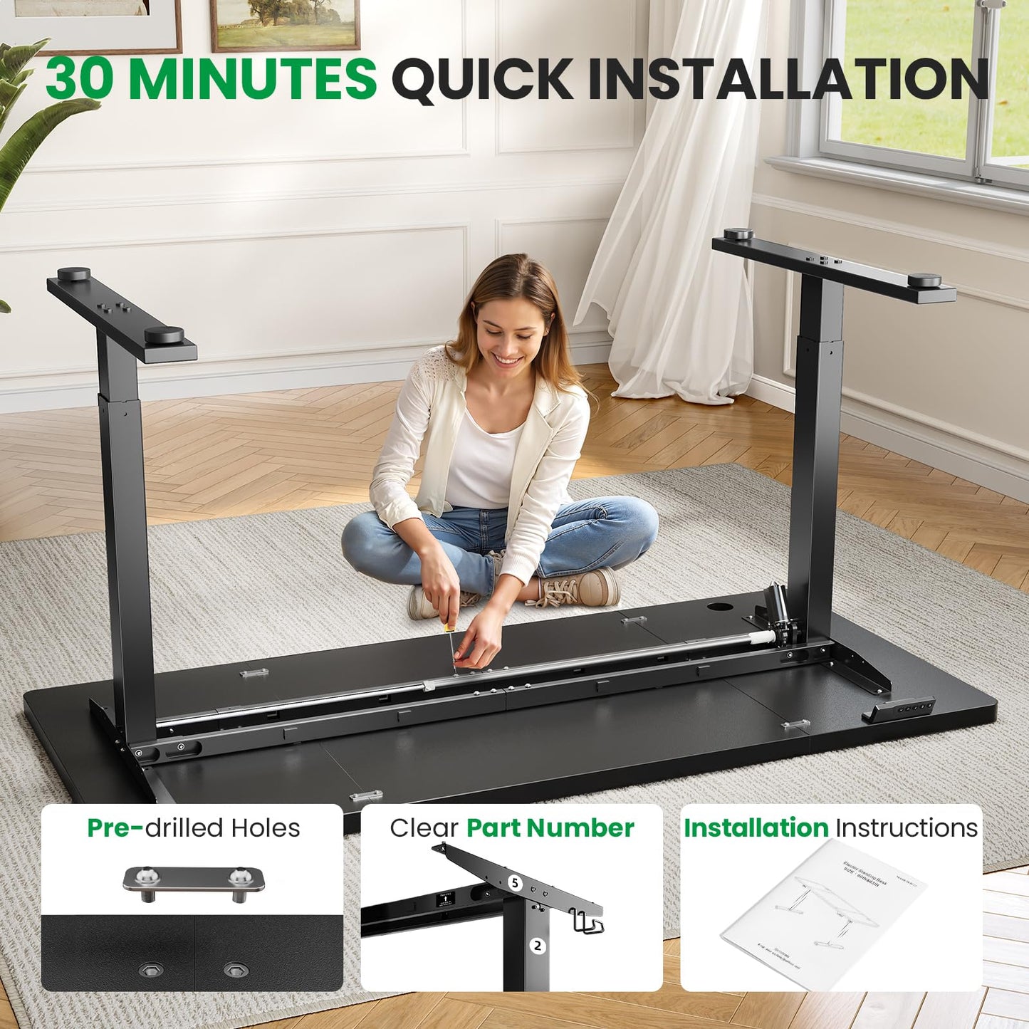 DeskShow Electric Standing Desk Adjustable - 60x28 Inch Sit Stand Desk with 1 Inch Thick Tabletop, Double Beam Frame, 3 Memory Height Adjustment, Cable Management for Home Office