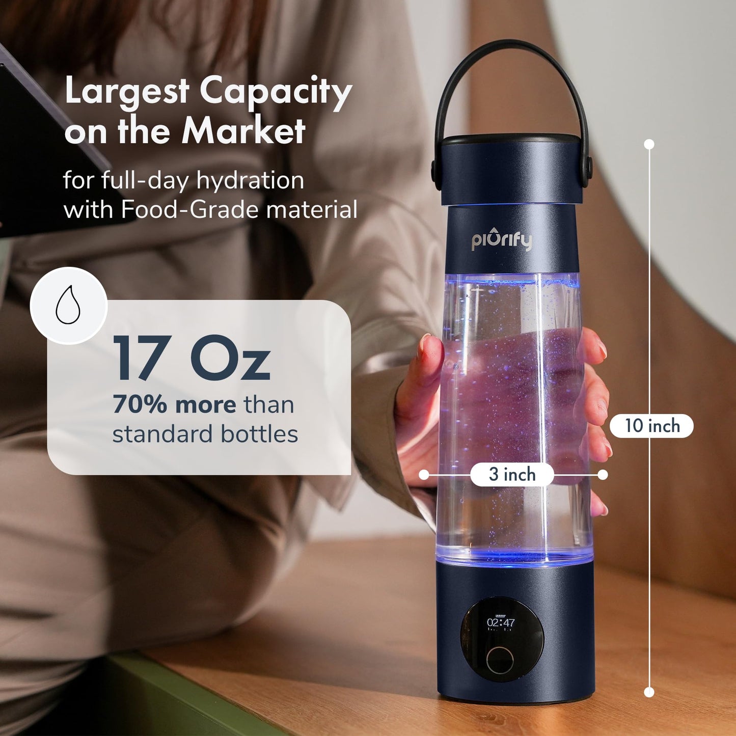 PIURIFY Hydrogen Water Bottle Generator | 17 OZ | UP TO 6,290 PPB H2 Molecular Hydrogen | SPE/PEM Electrolysis | Ergonomic Handle | Dual-Mode | 2200 mAh Battery | Certified by H2 Analytics | Dark Blue