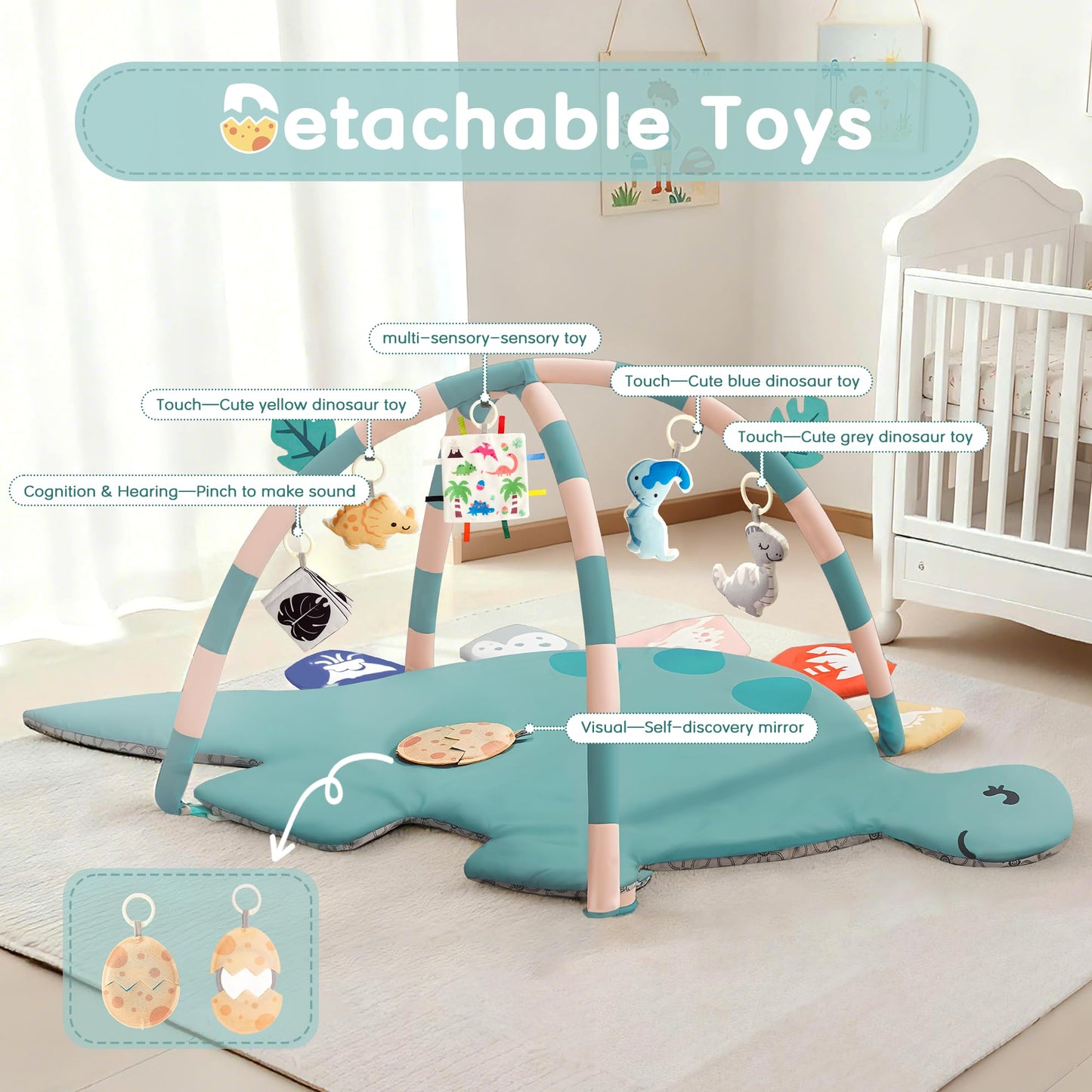 Baby Tummy Time Mat, Oversize Dinosaur Shaped Baby Play Gym Mat with 6 Toys, Play Mat for Babies 0-6-12 Months Promotes Motor Skills & Sensory Development, Newborn Essentials Infant Shower Gift