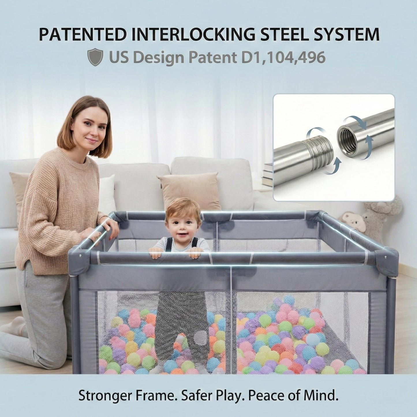 Orian Baby Playpen 50x50 Large Play Yard for Babies and Toddlers, Indoor Outdoor Playpen, Sturdy Baby Play Pen with Mesh Sides, Safe Baby Fence Play Area, Assembly Required/Not Portable, w Storage Bag