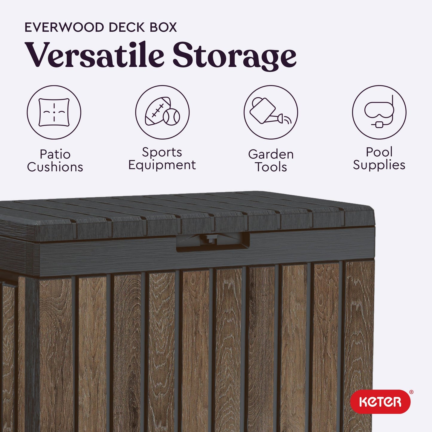 Keter Signature Everwood 50 Gallon Resin Deck Box for Outdoor Storage – Weather‑Resistant Balcony & Patio Box for Cushions, Throw Pillows & Garden Tools, Walnut