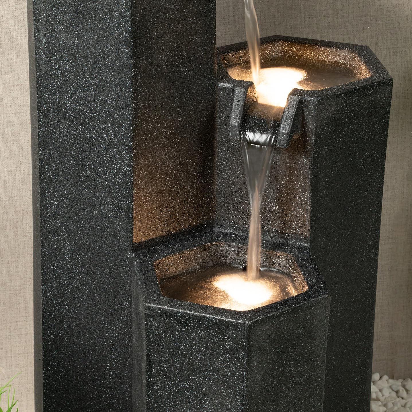 Puulye 27.95" H Outdoor Water Fountain Made with Eco-Friendly Recyclable Materials, Polyethylene Cascading Waterfall Fountain, Garden Waterfall Decor with LED Light & Pump for Patio, Backyard