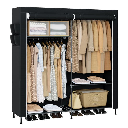 CASAMAYA Portable Closet, 61.8 Inch Large Capacity Wardrobe Closet with Cover, Clothes Storage Organizer with Shelves and 2 Hanging Rods, Easy to Assembly, Black PCT222B01