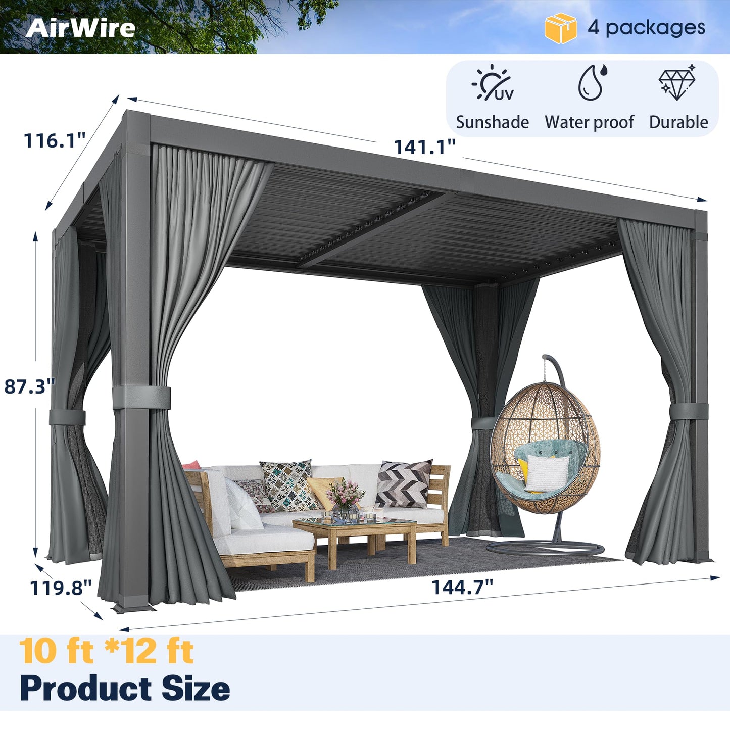 Airwire 10x12 FT Louvered Pergola, Aluminum Outdoor Pergolas with Adjustable Roof, Hardtop Gazebo with Waterproof Curtains & Netting for Deck, Patio, and Backyard