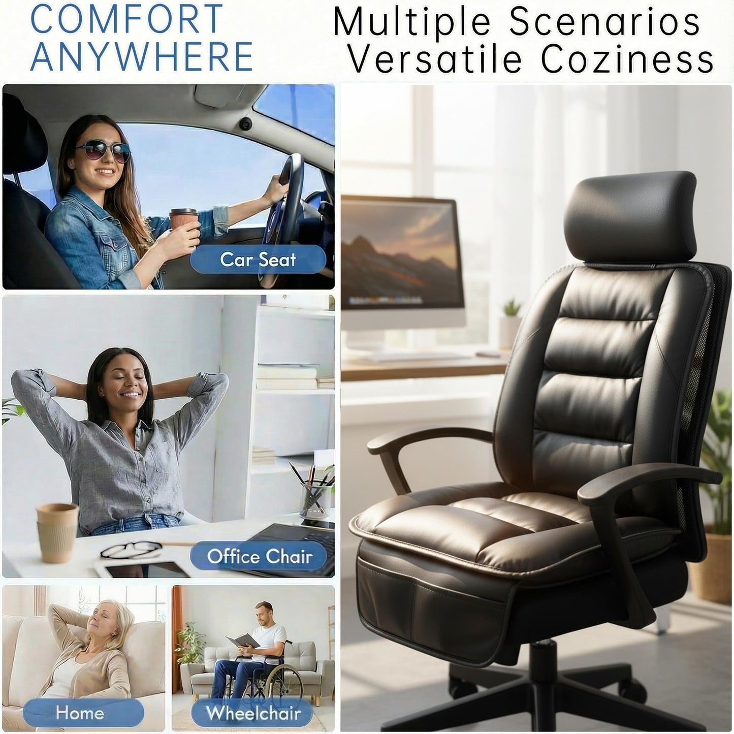 CORRIDOR Genuine Leather Seat Cushion for Car - Handmade - Relieve Hip, Pressure and Sciatica Pain - Ideal for Lower Back Pain - for Office Chair and Car Seat (Premium Black, Seat + Backrest)