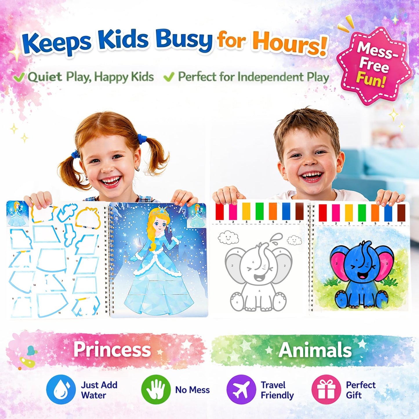2 In 1 Sticker Paint Books, Animal&Princess Theme Paint Water Coloring Books for Toddlers with 2 Paint Brushes, Mess Free Coloring, Preschool Education, Arts&Crafts Drawing Activities Birthday Gift