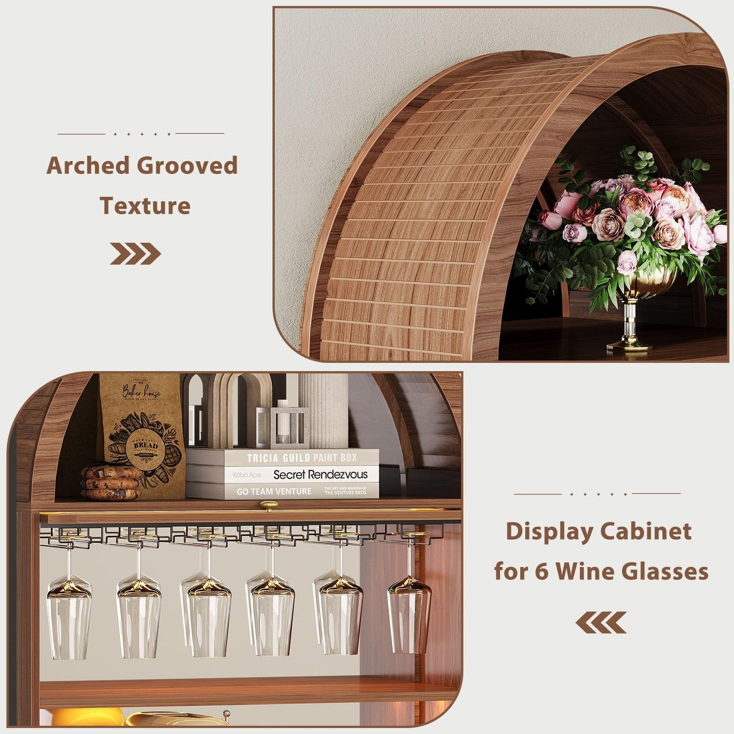LVB 73" Tall Arched Bar Cabinet with Fridge Space, Mid-Century Fluted Coffee Bar Cabinet with Storage, Home Bar with LED Light, Wine Liquor Cabinet with Mirrored for Kitchen Dining Living Room, Walnut