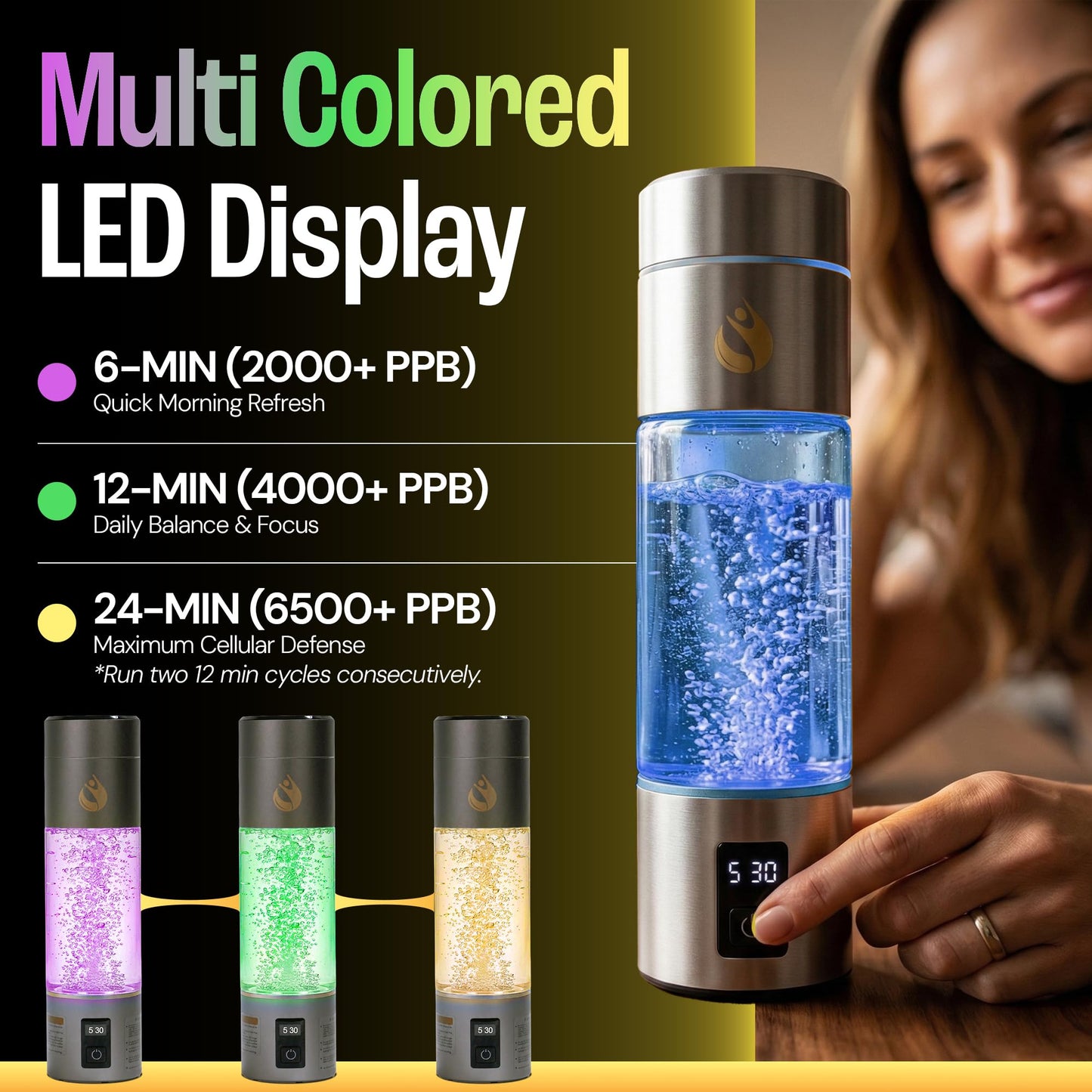 Hydrogen Water Bottle Generator, Up to 6500 PPB Molecular Hydrogen, Independently Lab Tested, SPE/PEM Technology, 12-Hour Retention, 9.5 oz Portable Bottle for Home, Gym, Travel & Office