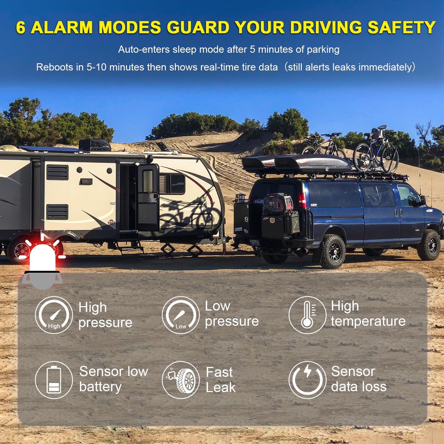 Trailer Tire Air Pressure Monitoring System, 4.5" Solar TPMS w/ 10 Flow Thru Sensors and Signal Booster,Long Sensing Distance,Taimster 6 Alerts Monitor for Semi Truck/RV/Camper/RV,0-199PSI