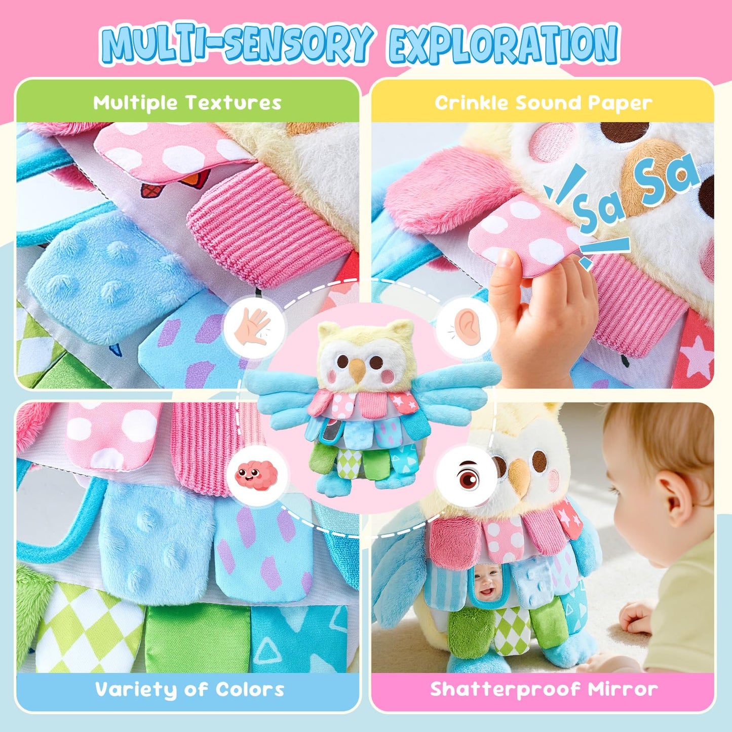 JoyCat Baby Toys 6-12 Months, Soft Baby Beehive with 5 Sensory Bees - Rattle, Crinkle Paper, Squeaker, Mirror + Sensory Owl Stuffed Animal, Soft Tummy Time Toy for Infant with Textured Crinkle Mirror