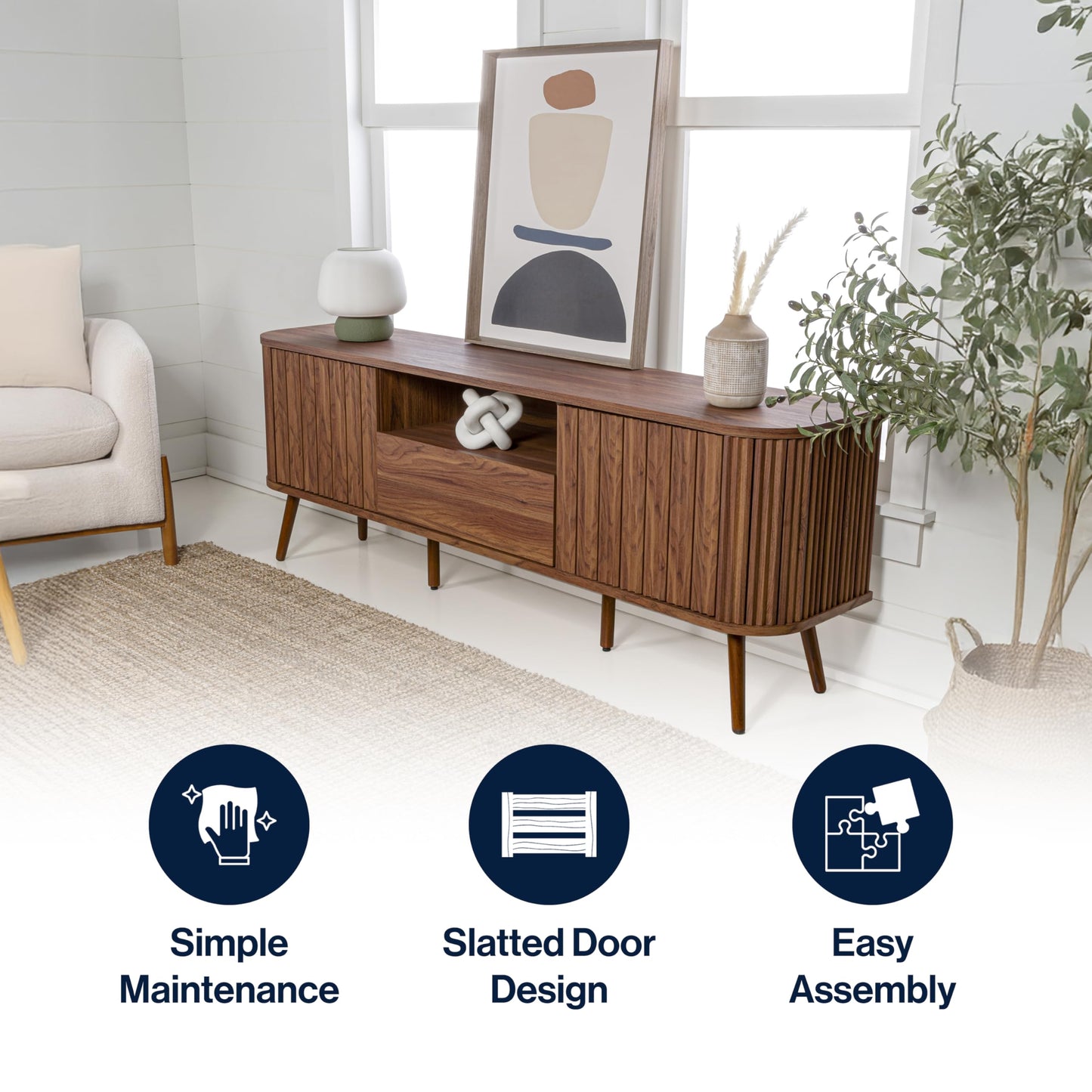 JONATHAN Y TVS1001B Damien 70 in. Farmhouse Curved TV Stand with Drawer and Storage Doors Fits TVs up to 75 in. with Cable Management, Walnut for Living Room, Bedroom, Dining Room