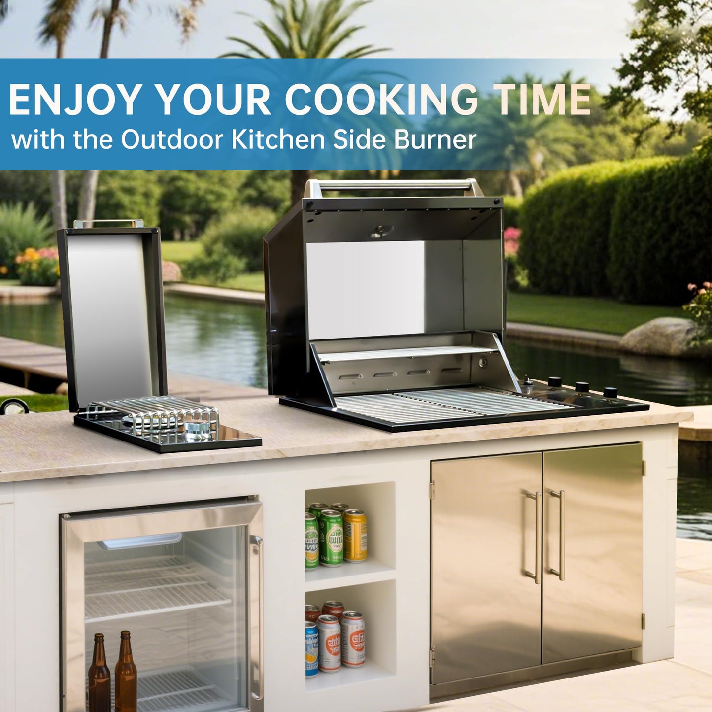 Built-in Single Side Grill Burner with Cover, Black 304 Stainless Steel Side Burner for Outdoor Kitchen, Propane & Natural Gas, Outdoor BBQ for Family Patio Parties