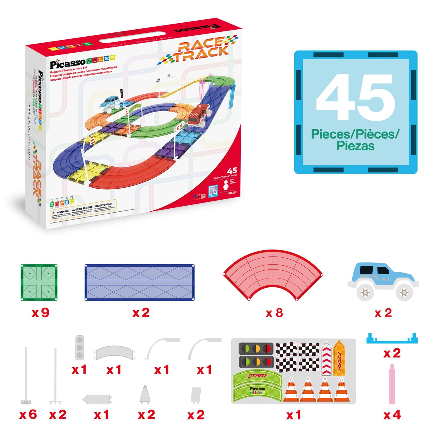 PicassoTiles 45pc Magnetic Tiles Race Track Set With 2 Racing Cars Plus Traffic Accessory Kit STEM Educational Learning Construction Building Magnet Tile Toy For Toddlers Boys Girls Kids Age 3+ PTR451