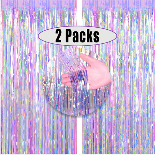 FECEDY 2pcs 3ft x 8.3ft Shiny Corlorful Metallic Tinsel Foil Fringe Curtains Photo Booth Props for Engagement Bridal Shower Bachelorette Baby Shower Bachelorette Holiday Celebration Party Decorations