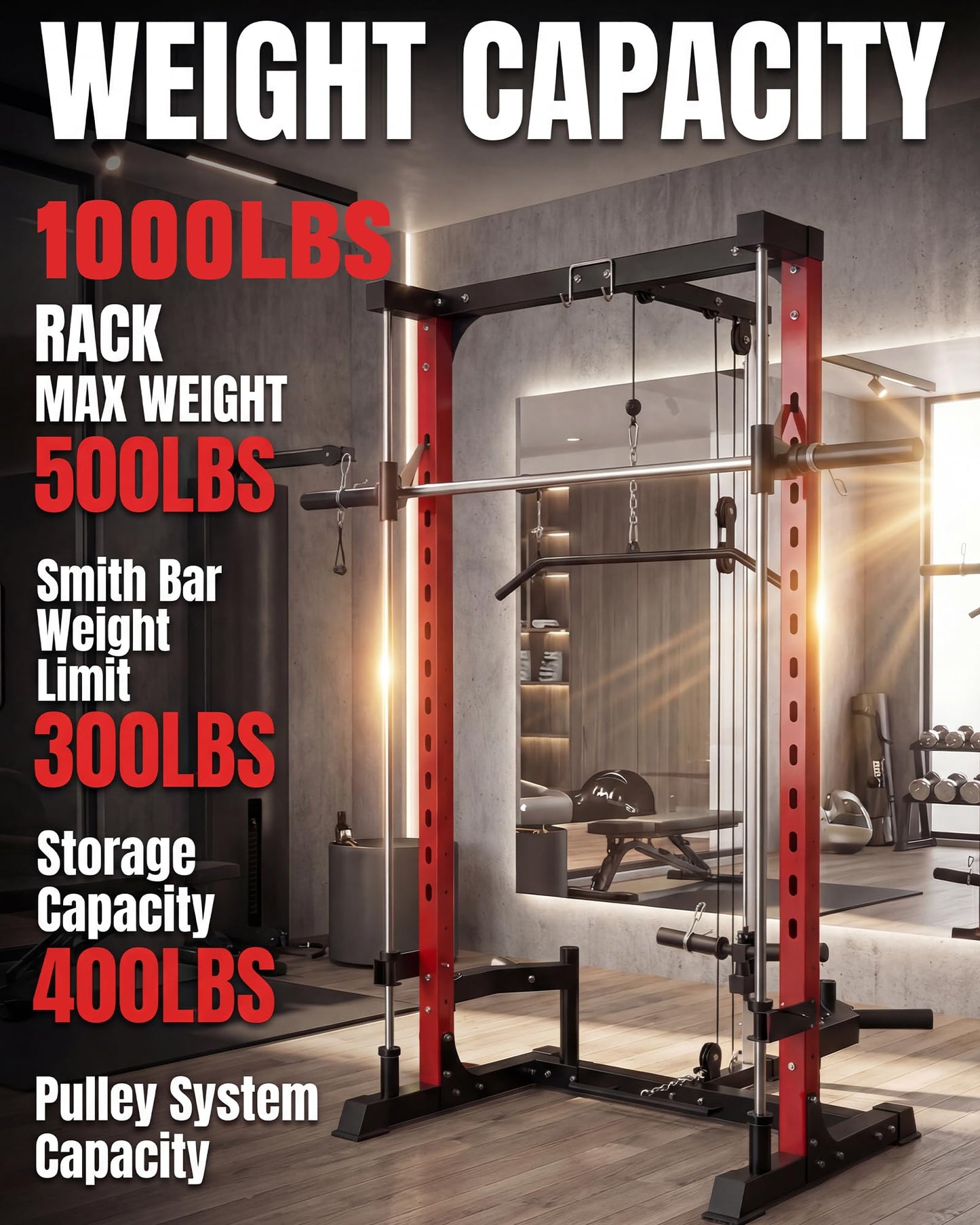 Garvee Smith Machine, 1000LBS Multi-Functional Smith Machine Home Gym, Squat Rack with LAT-Pull Down System, Power Rack with Barbell Bar, Power Cage with Attachments Full Body Training, Black/Red