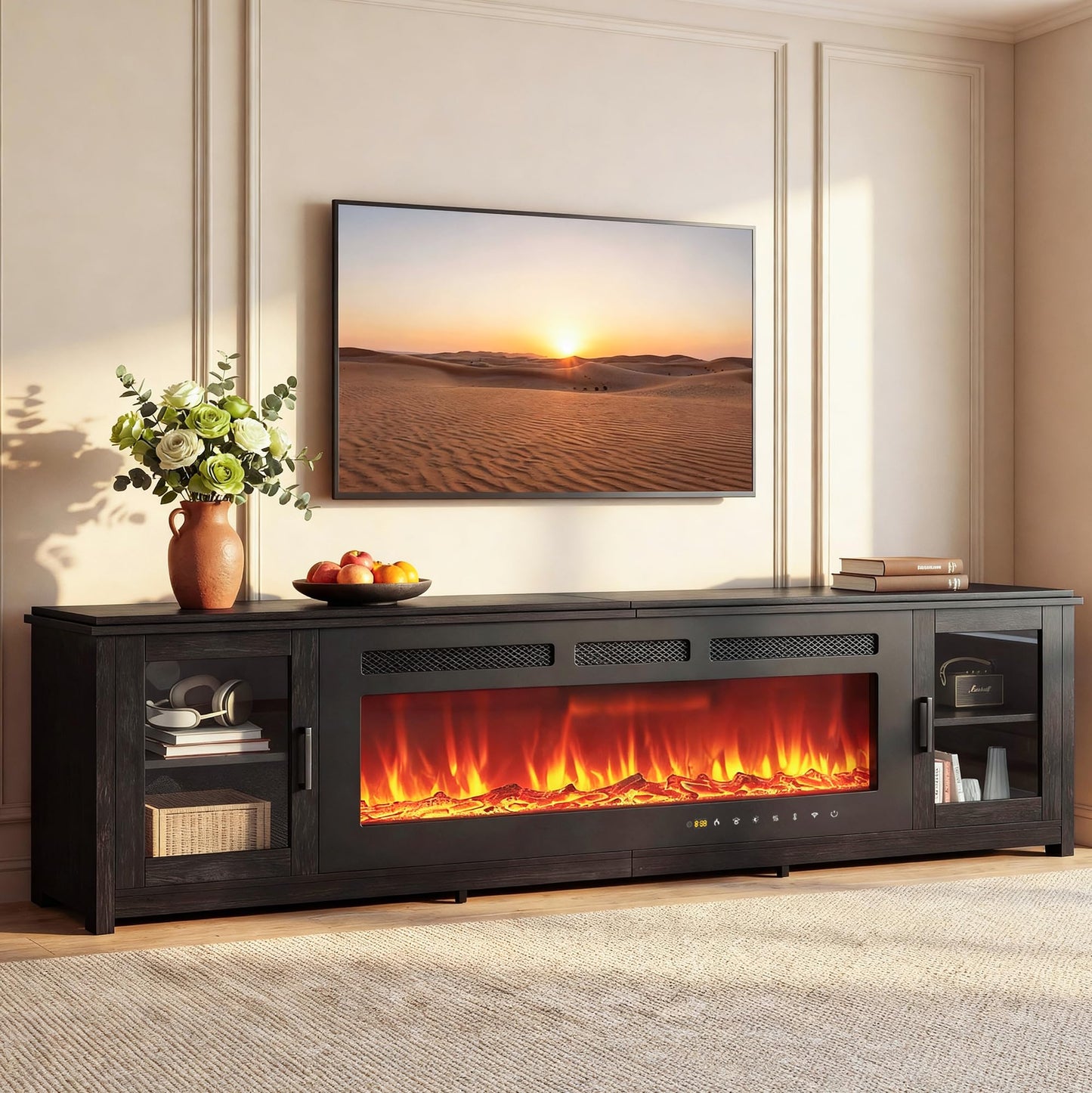 MXV 90" Fireplace TV Stand, Modern Entertainment Center with 60 Inch Electric Fireplace, Adjustable Shelf & Glass Door, Fire Place TV Console for Living Room, Black