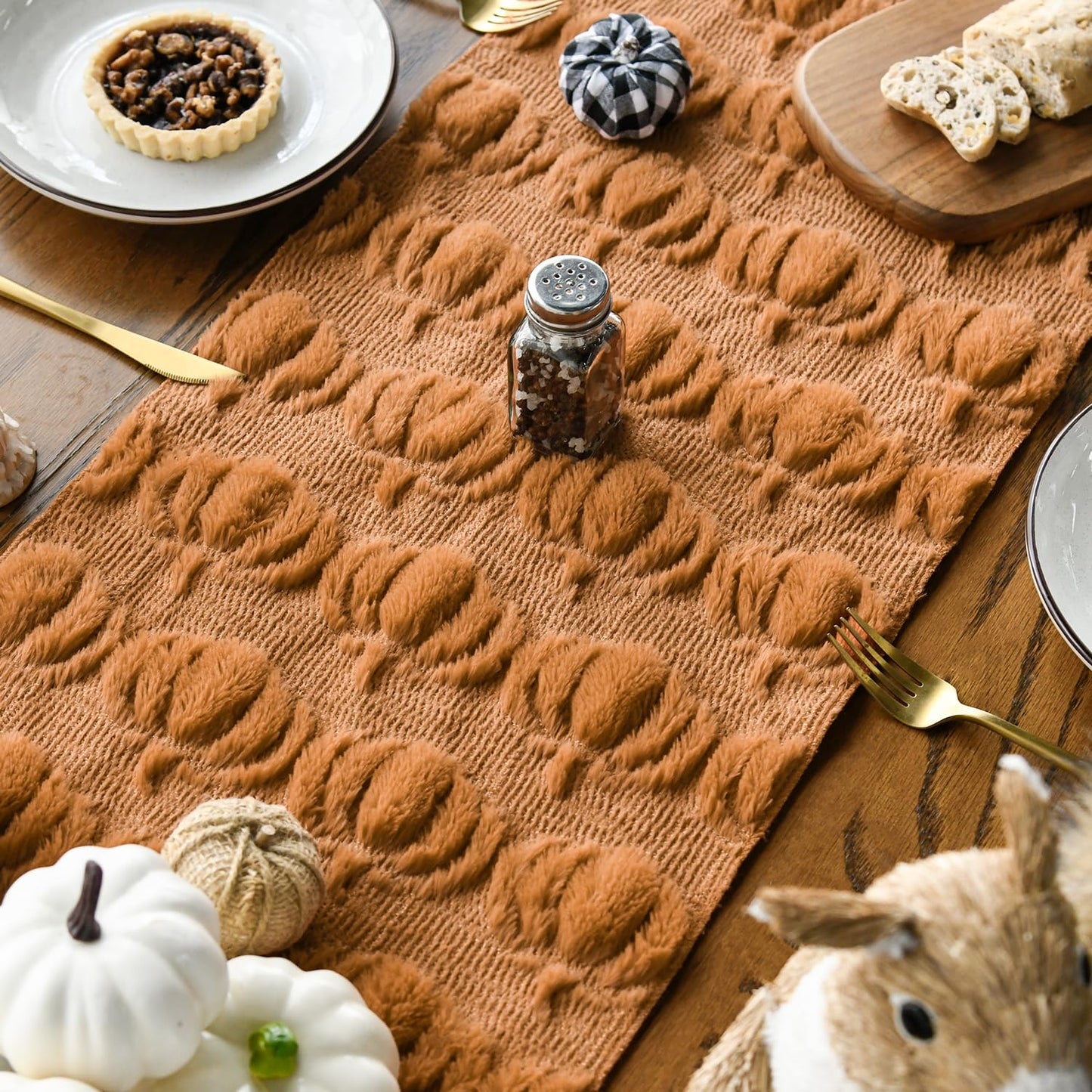 Artoid Mode Caramel Soft Plush Faux Fur Jacquard Pumpkins Fall Table Runner, Seasonal Autumn Kitchen Dining Table Decoration for Home Party Decor 13x72 Inch