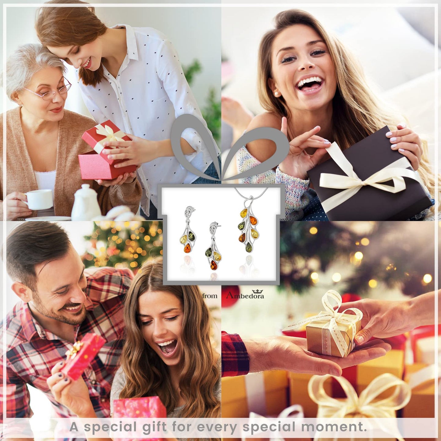 AMBEDORA Small Women's Jewellery Set Amber 458, Polished Sterling Silver, Colourful Baltic Amber, Silver Pendant on Chain and Earrings
