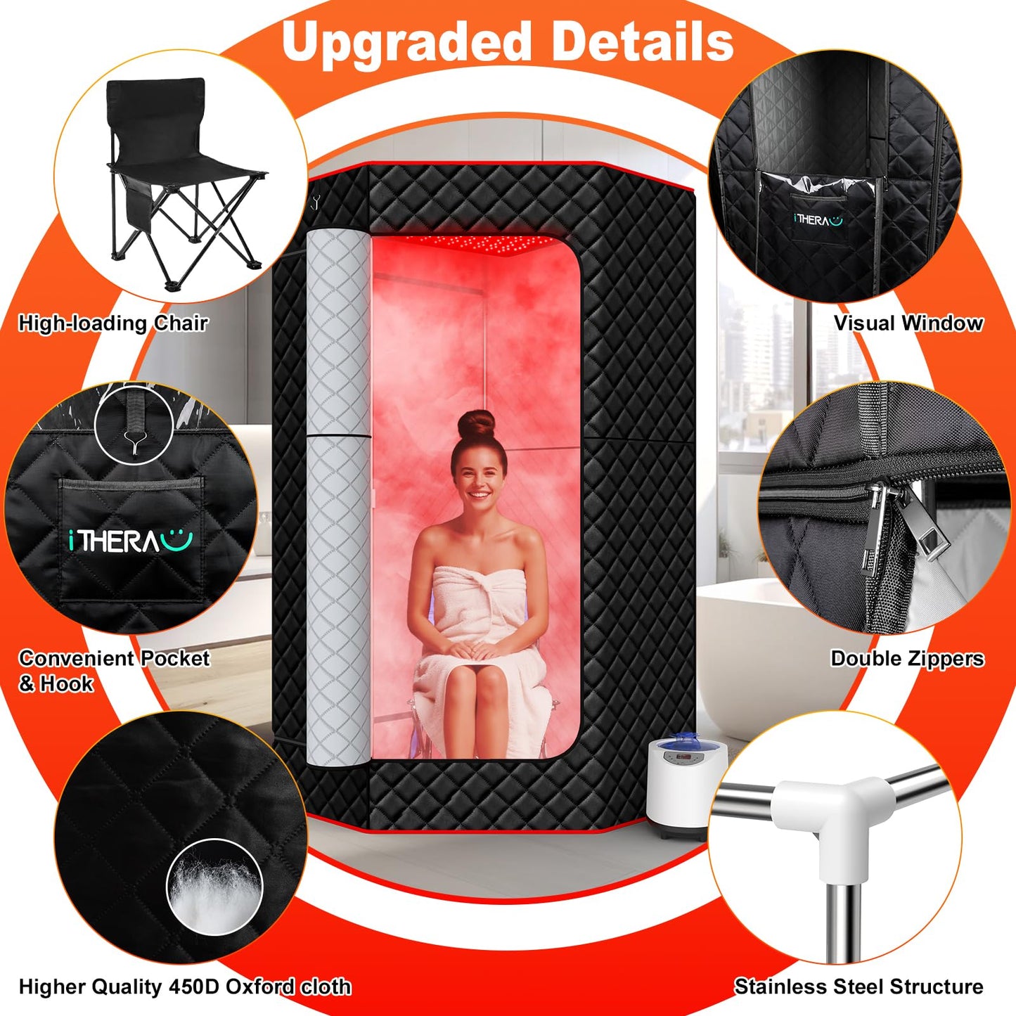 XL Infrared Sauna Box with True 660 & 850nm Red Light Therapy Lamp, Portable Red Light Sauna for Home, Full Body Steam Tent with 3L 1200w Steamer, 15 Levels Heat, Chair, Remote