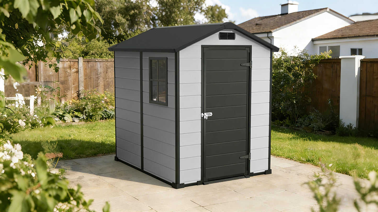 6x4 ft Outdoor Storage Shed, Plastic Resin Garden Shed with Floor, Window, 2 Vents, Lockable Door & Sloped Roof, Garden Tool Storage Shed for Patio, Backyard, Garden, Lawn Mower, Bike