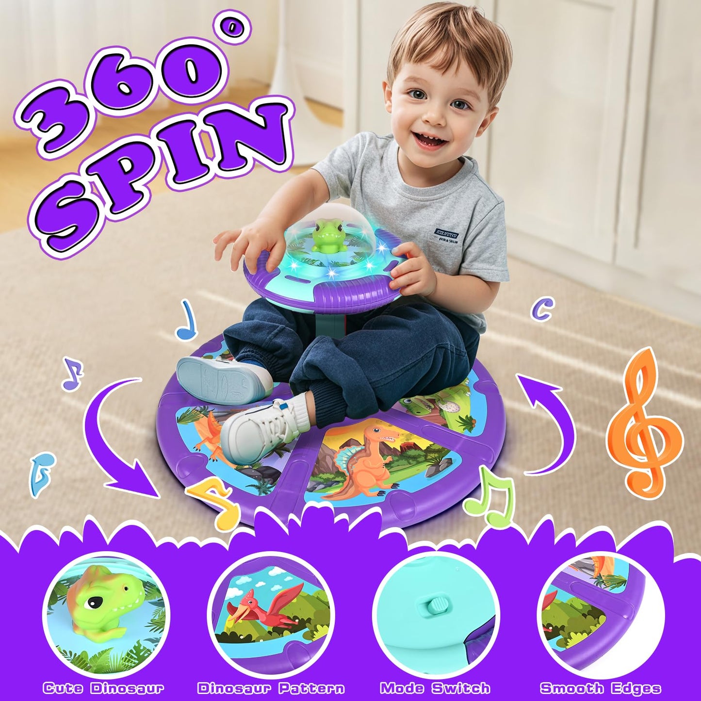 Dinosaur Sit and Spin Toy for Toddlers 1-3 3-5 360°Spinning Toys Birthday Gift for Girls Boys, Stress Relief Exercise Toys Sit n Spin Toys for 2-4 Toddlers with LED & Music Early Development Toy