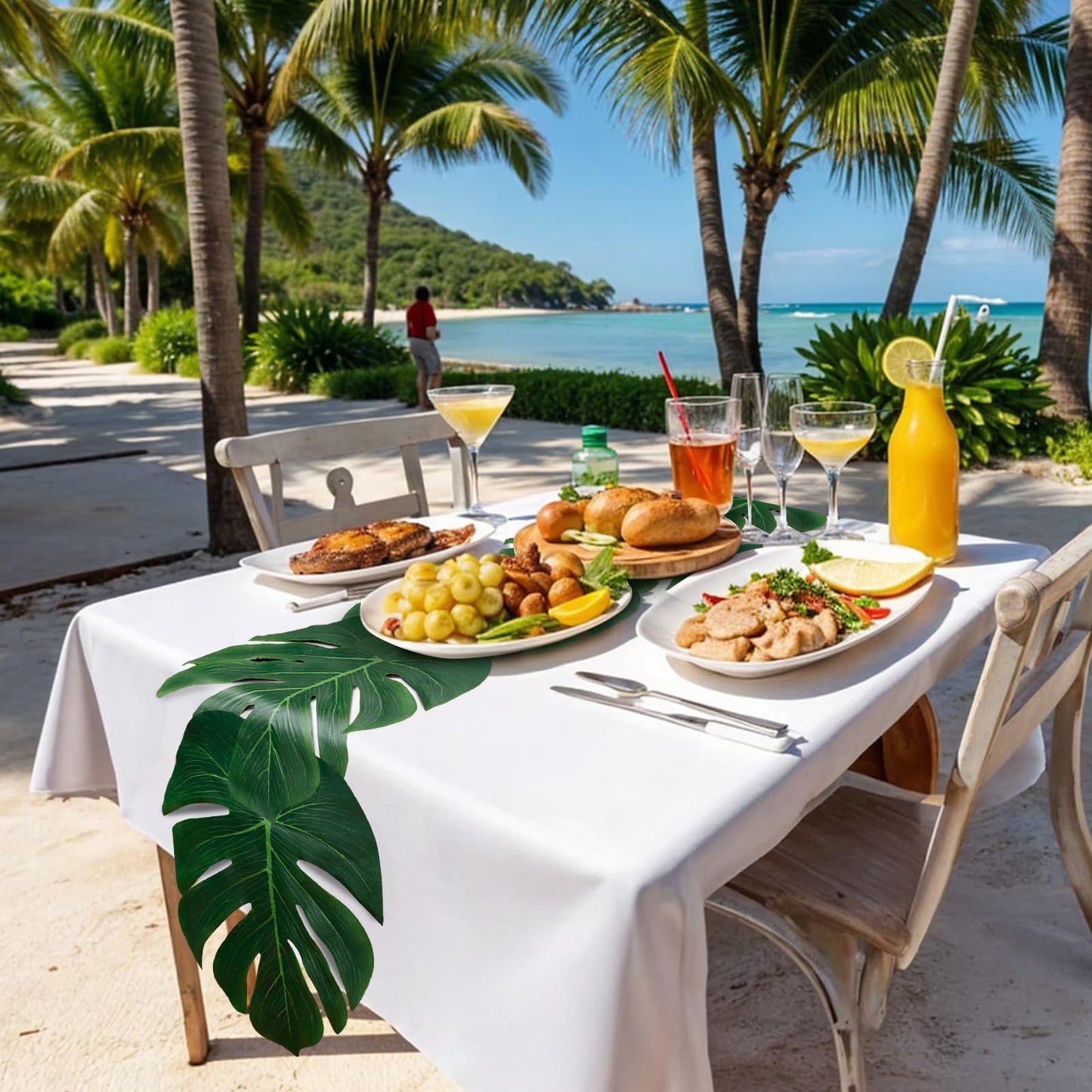 AerWo 6Pcs Artificial Palm Leaves Green Table Runner, Summer Tropical Leaf Table Runners 72 inches Long for Wedding Moana Jungle Safari Tropical Hawaiian Luau Party Decorations