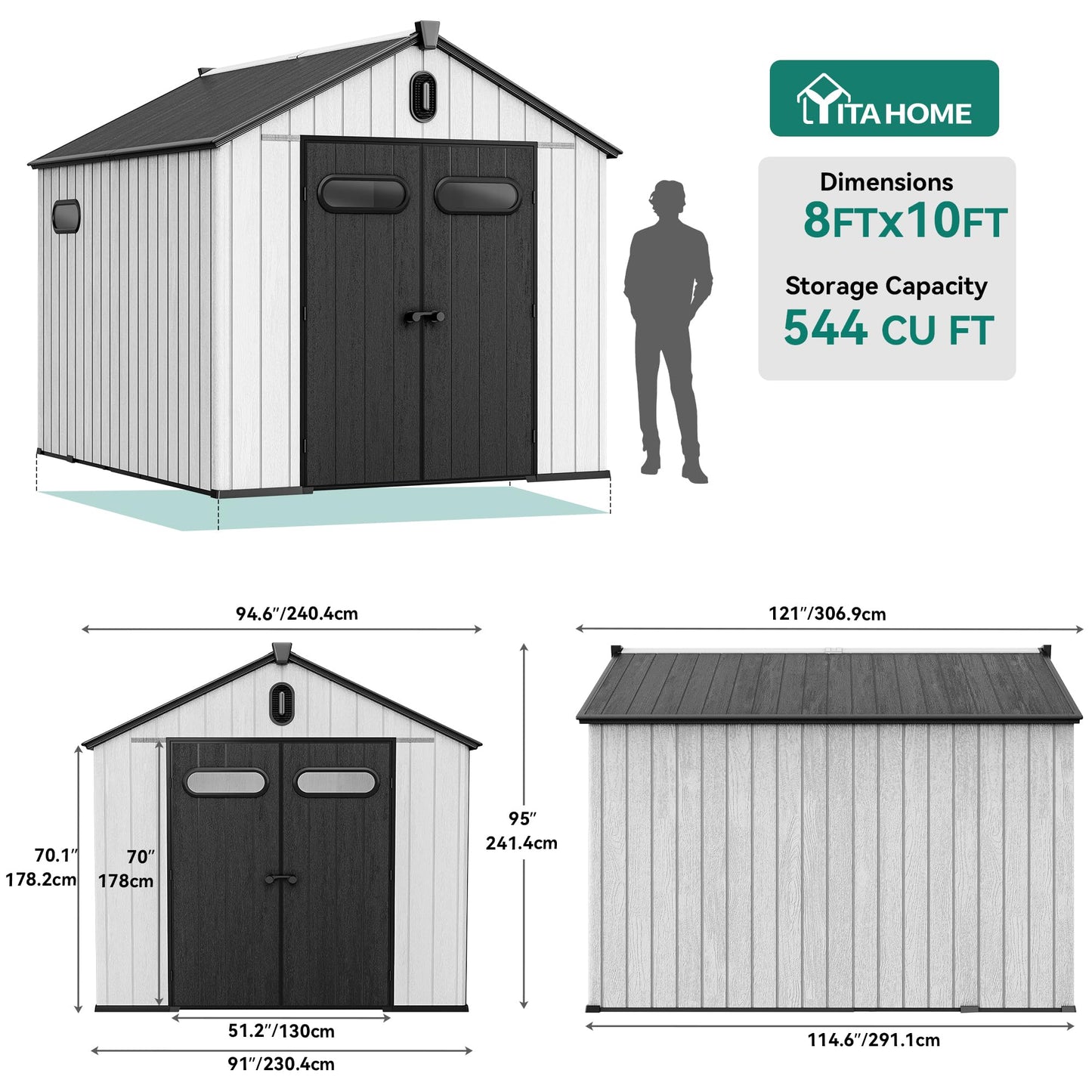 YITAHOME 8x10ft Resin Storage Shed, Extra Thick Outdoor Plastic Garden Storage Unit with Oval Vision Windows & Lockable Doors, 16mm Heavy Duty Waterproof Tool Sheds with Floor for Lawn Equipment, Gray