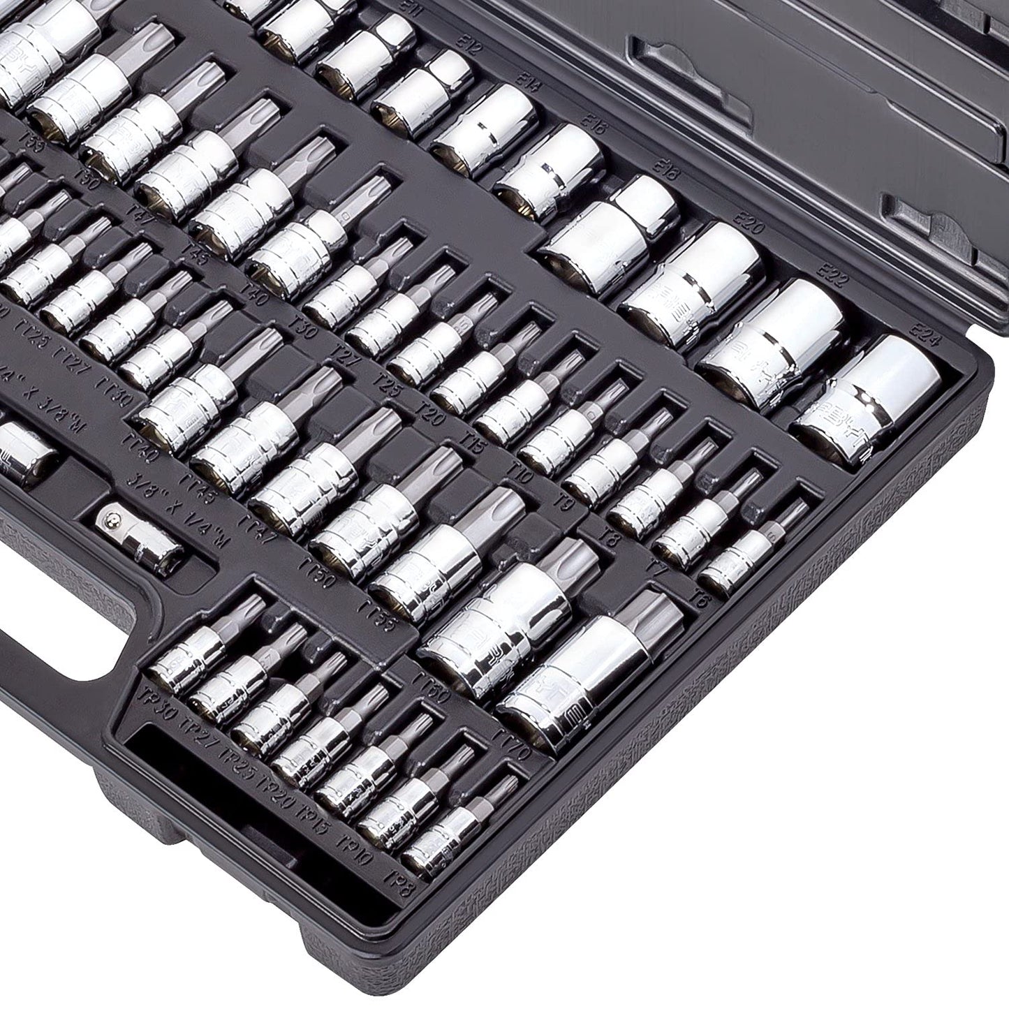 CARBYNE 62-Piece Master Torx Bit Socket Set & External (eTorx) Socket Set, Includes T6 - T70, TT6 - TT70, TP8 - TP60, E4 - E24| S2 Steel Bits, Cr-V Sockets, Durable Case | 1/4, 3/8, & 1/2 in. Drive