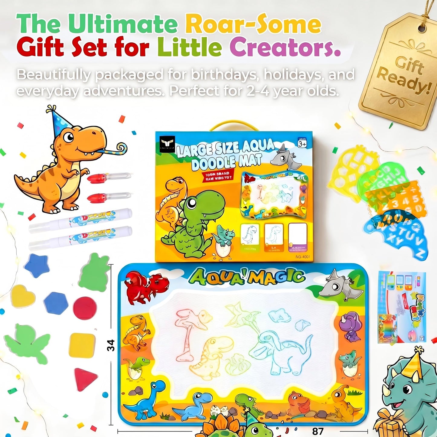 Water Doodle Mat for Toddlers 1-3: Mess-Free Coloring Toy,Dries in 5-10 Mins for Endless Play,Dinosaur Reusable Aqua Painting Board Toddler Toys,Birthday Gifts for 1-3 Year Old Boy